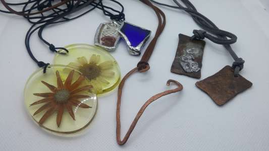 Necklaces, copper, resin, and china and glass