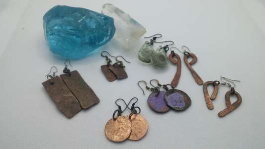 Earrings, copper, resin, and copper pennies